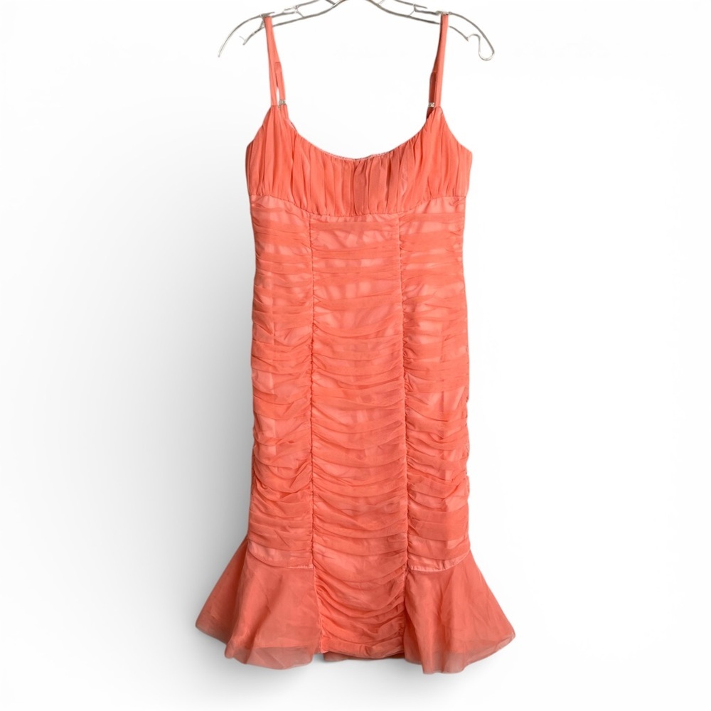 Y2K Peach Ruched Mesh Mermaid Midi Dress